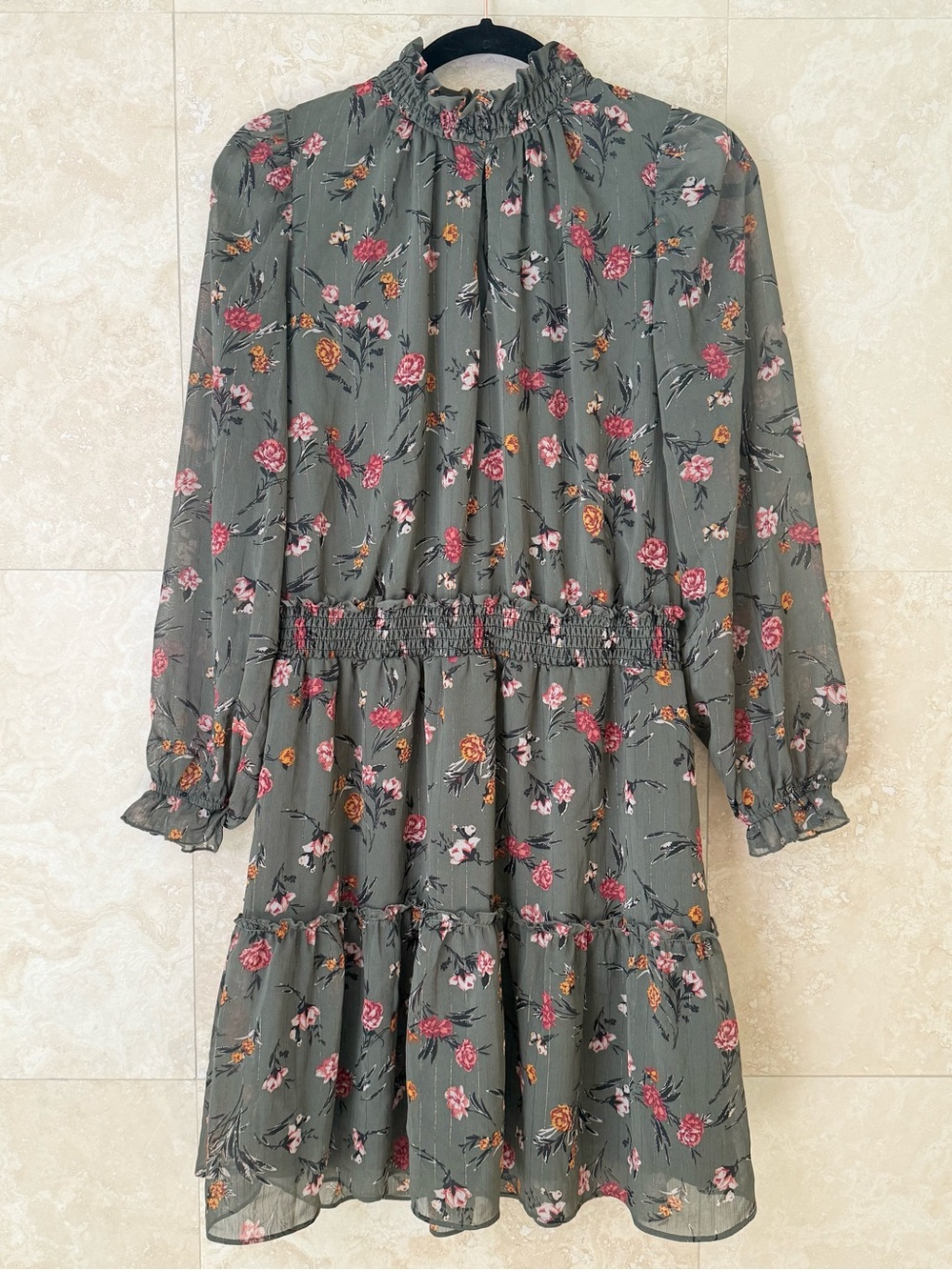 Drew by Anthropologie Sage Green Floral Smocked Neck Long Sleeve Dress Size M